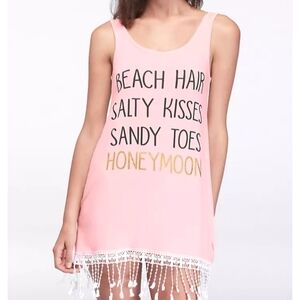 Honeymoon Beach Cover Up/ Mini Dress / Bridal Loungewear Crochet Trim sz L Pink